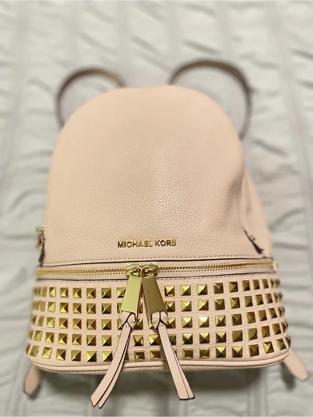 Michael Kors Pale Pink Leather Studded Mini Backpack with Gold Hardware